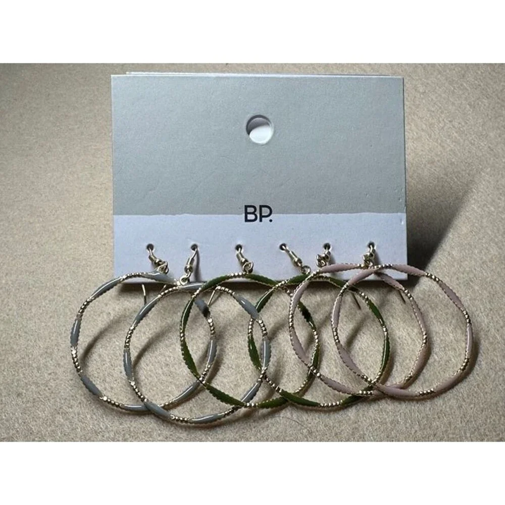 BP. 3-Pair Enamel Hoop Earrings Set Gray Green Pink Gold Tone NWT New Boho